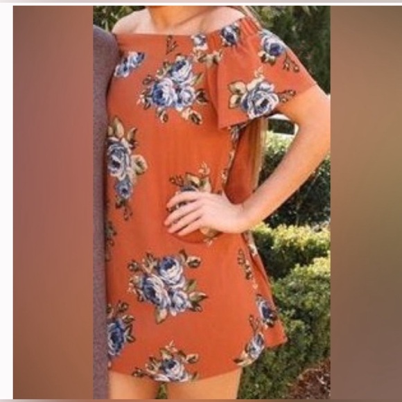 ALTAR’D STATE Off-Shoulder Floral Dress in Camel - Picture 2 of 6